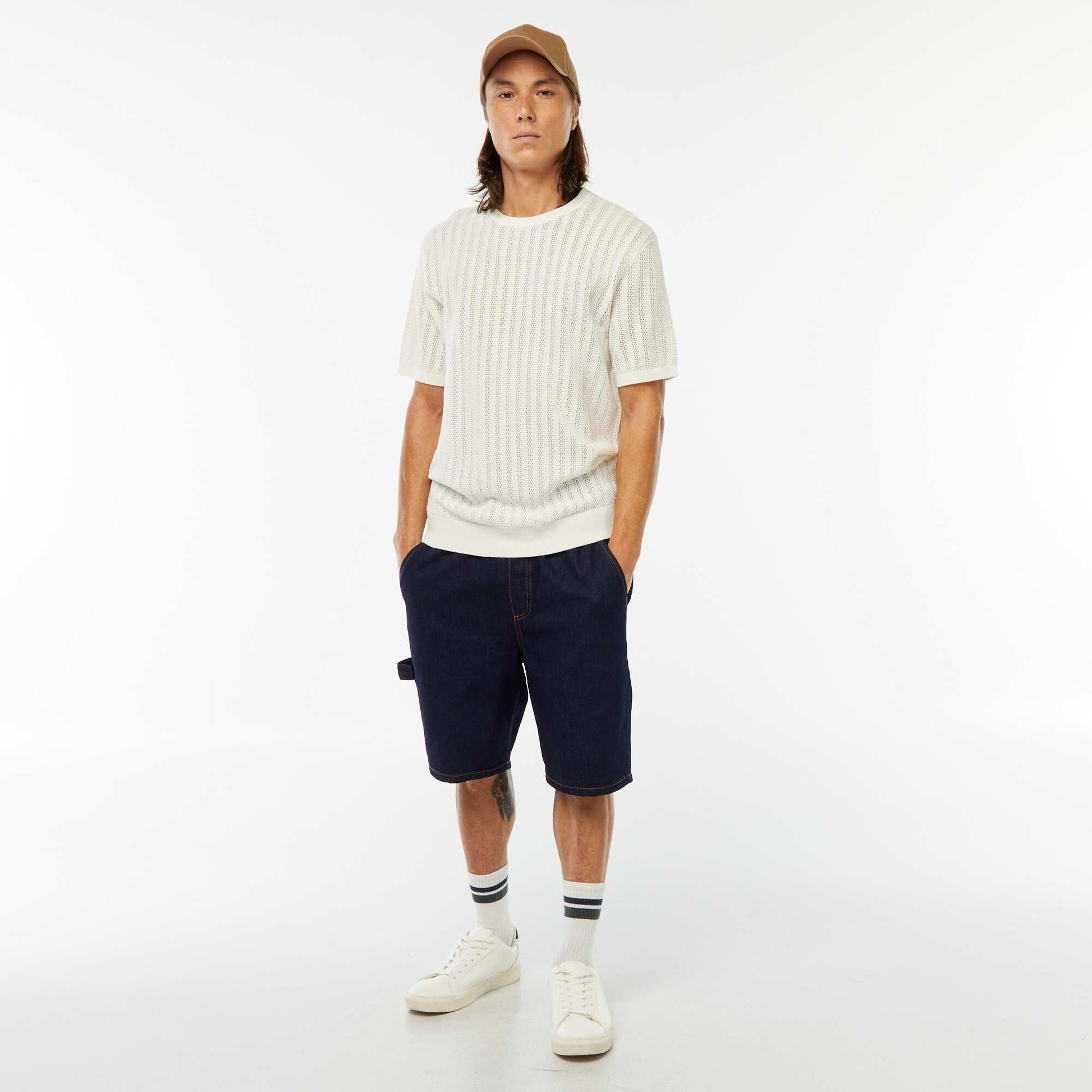 T-shirt en maille tricot à manches courtes BLANC