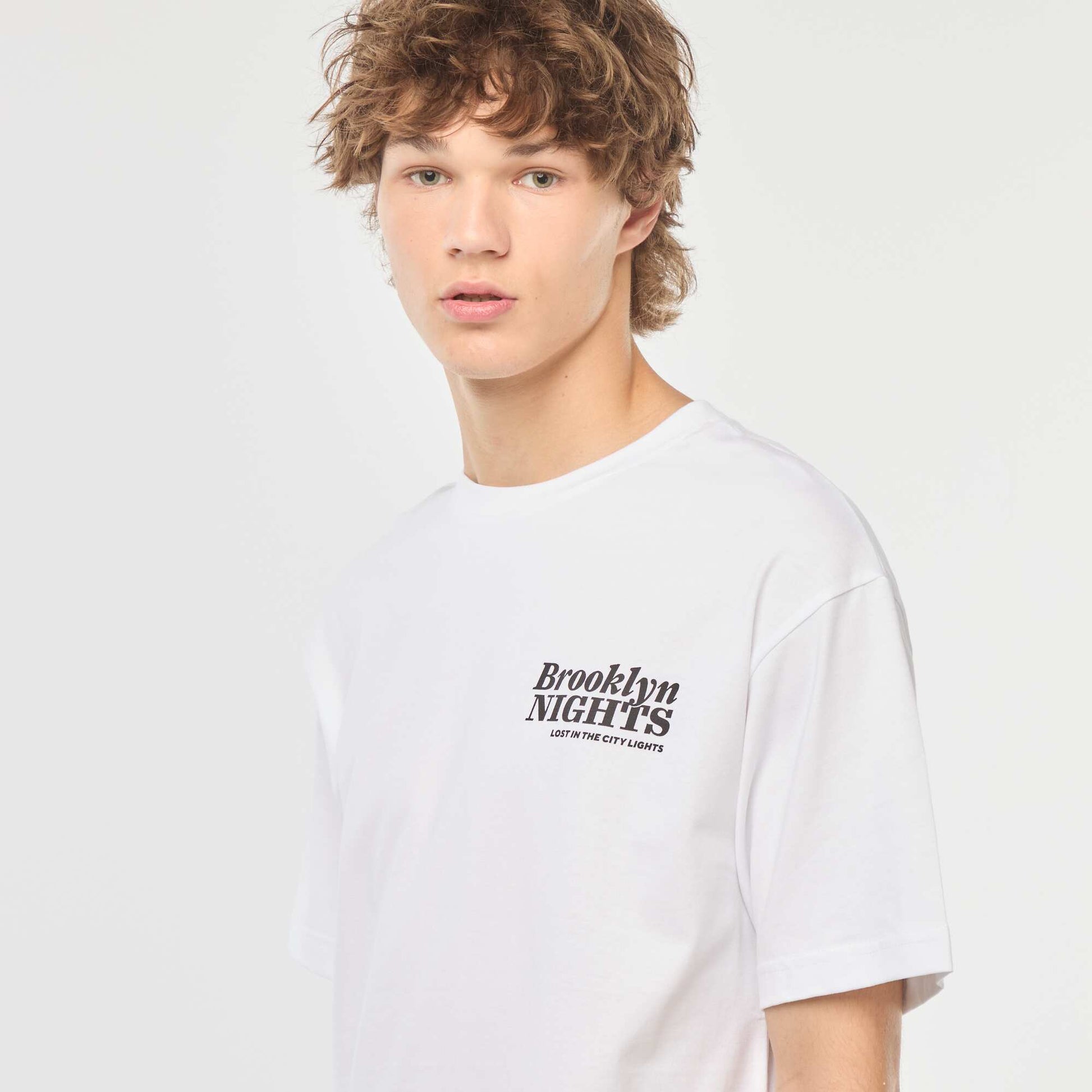 T-shirt uni imprimé recto/verso à manches longues BLANC