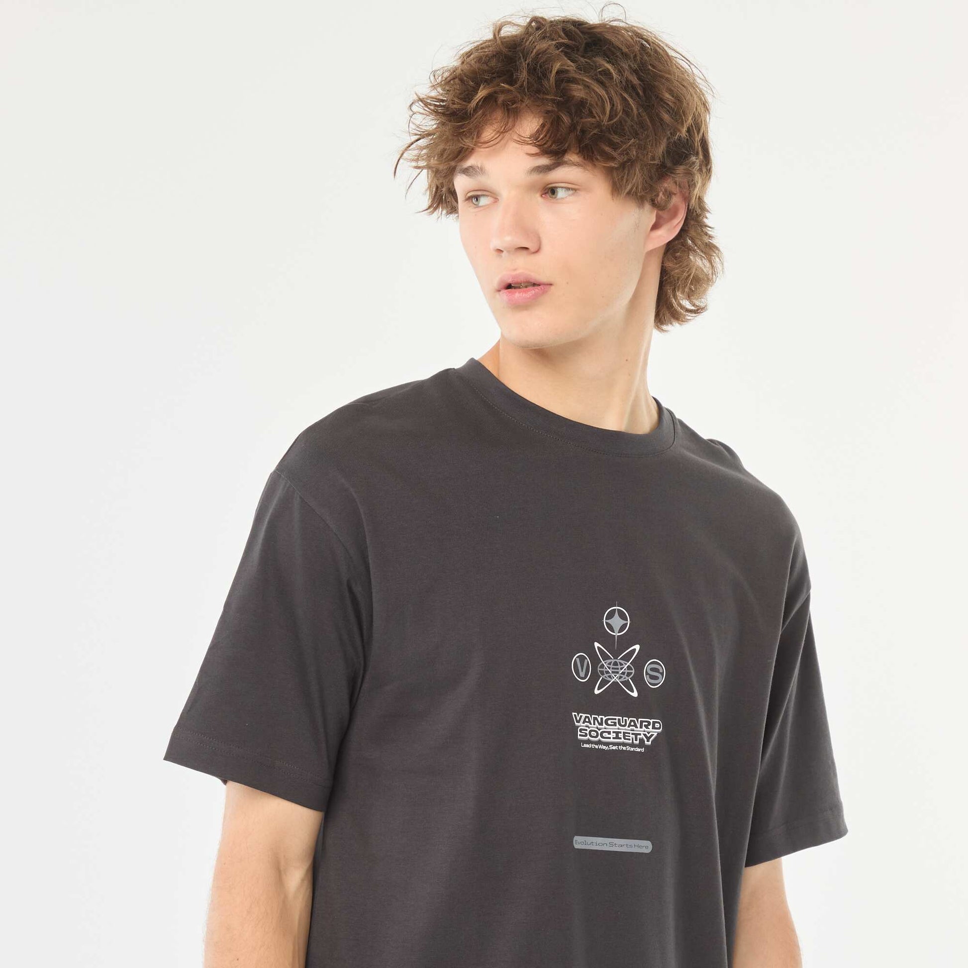 T-shirt uni imprimé recto/verso à manches longues GRIS