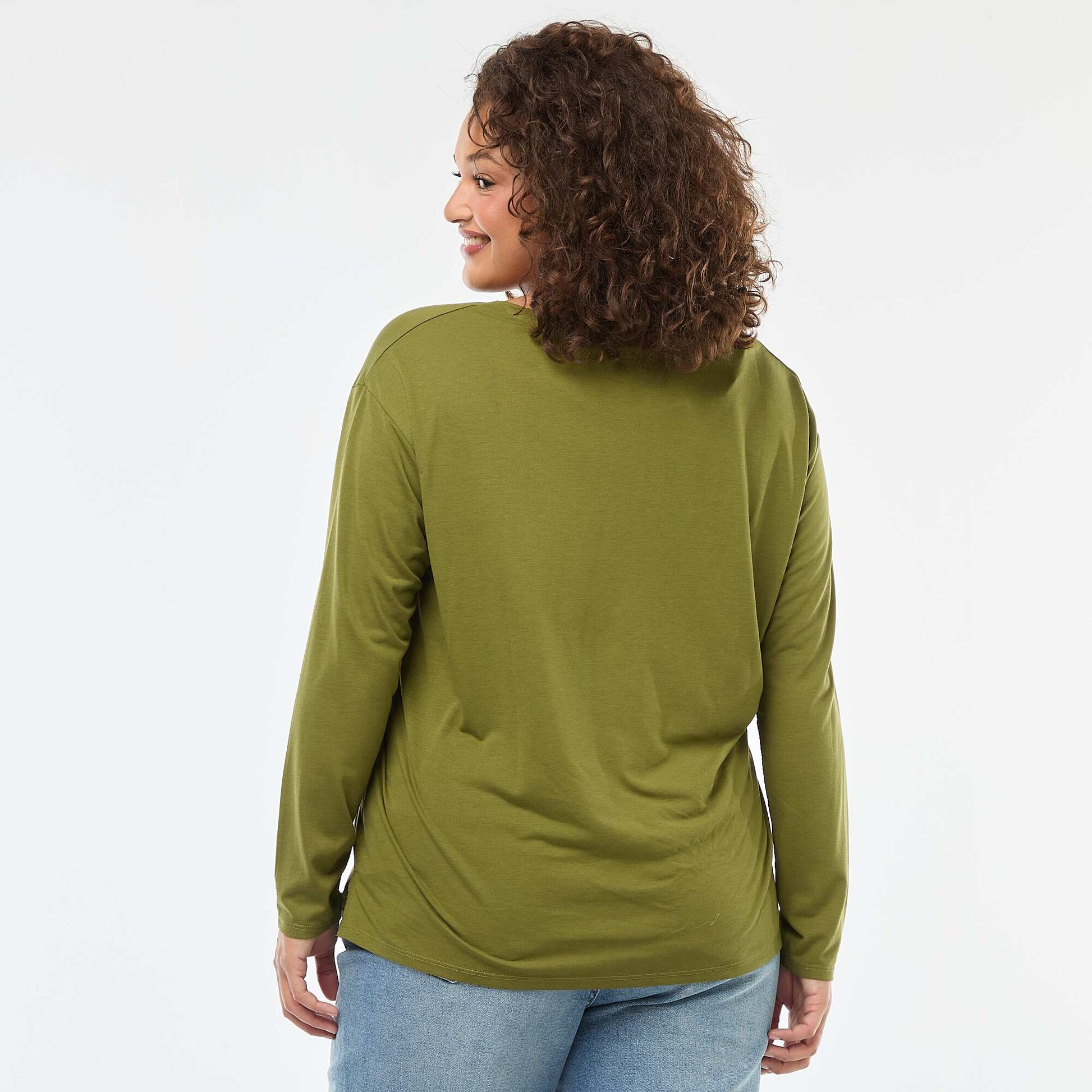 Tee-shirt basique col V et manches 3/4 KAKI