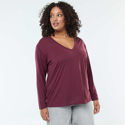 Tee-shirt basique col V et manches 3/4 ROUGE