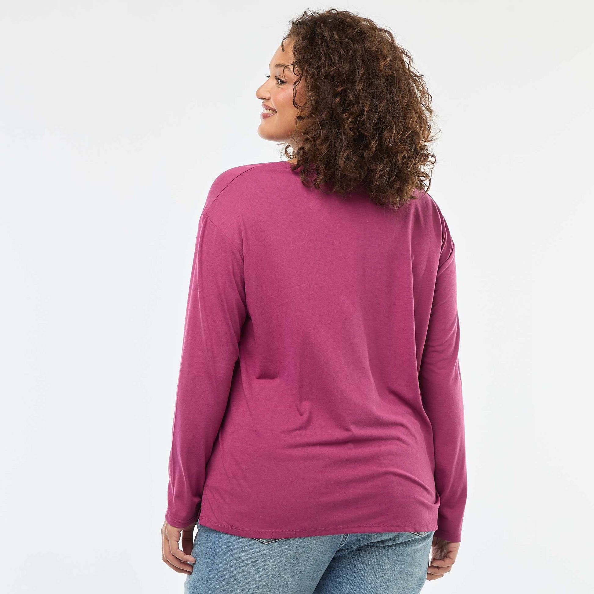 Tee-shirt basique col V et manches 3/4 ROSE