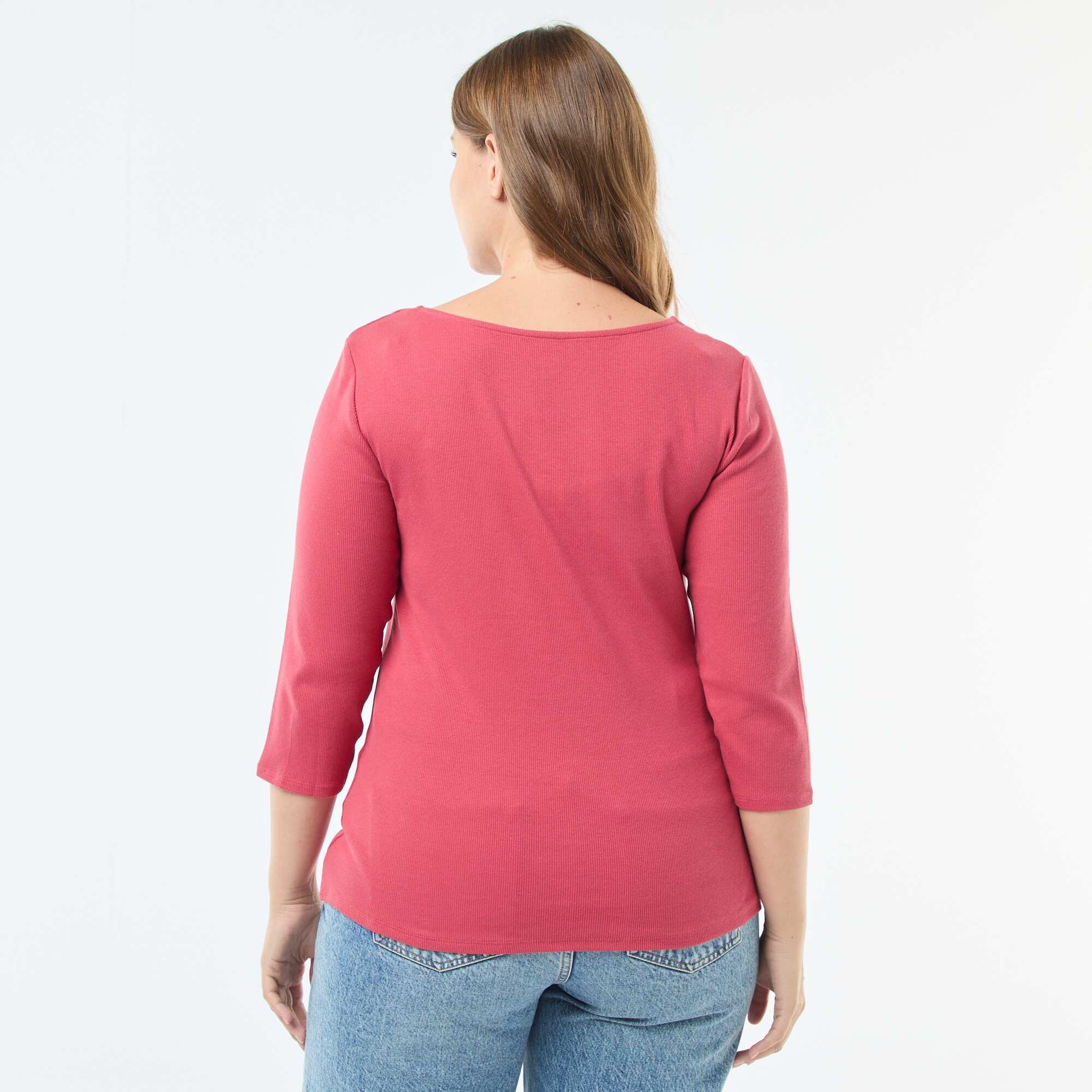 T-shirt côtelé avec large encolure ROUGE