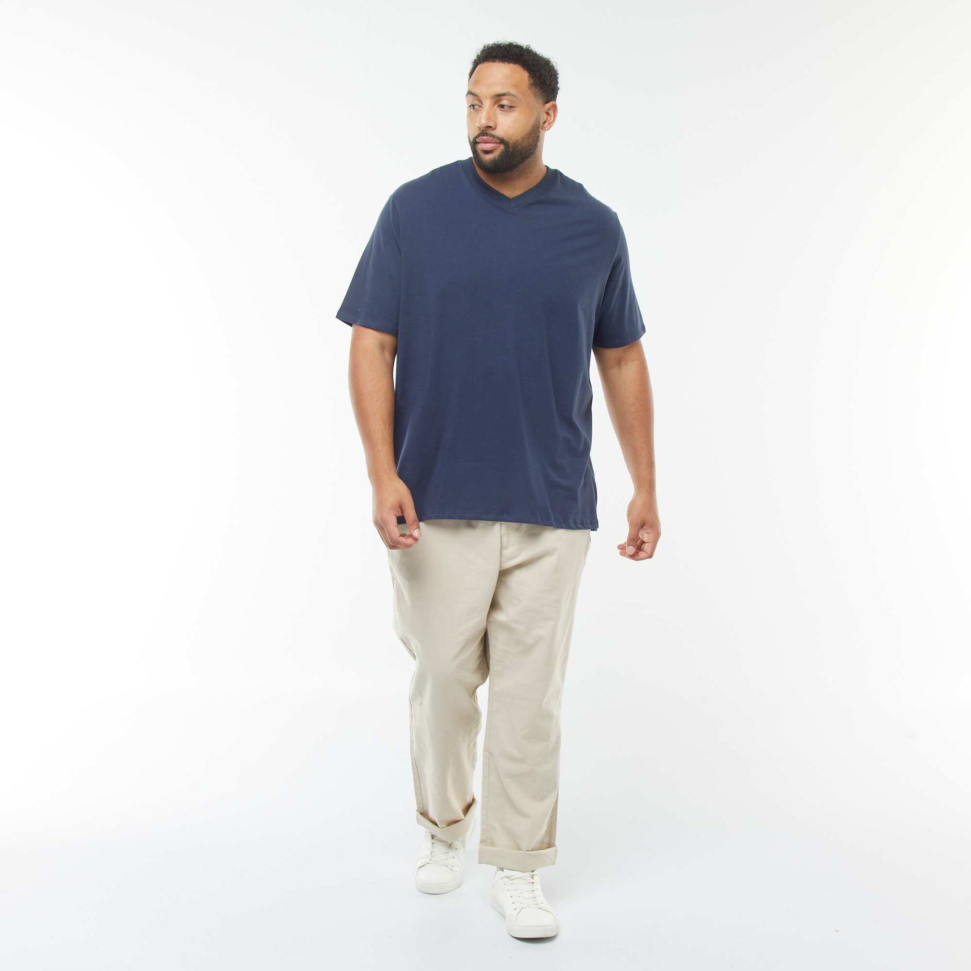 T-shirt en maille jersey manches courtes et col V BLEU