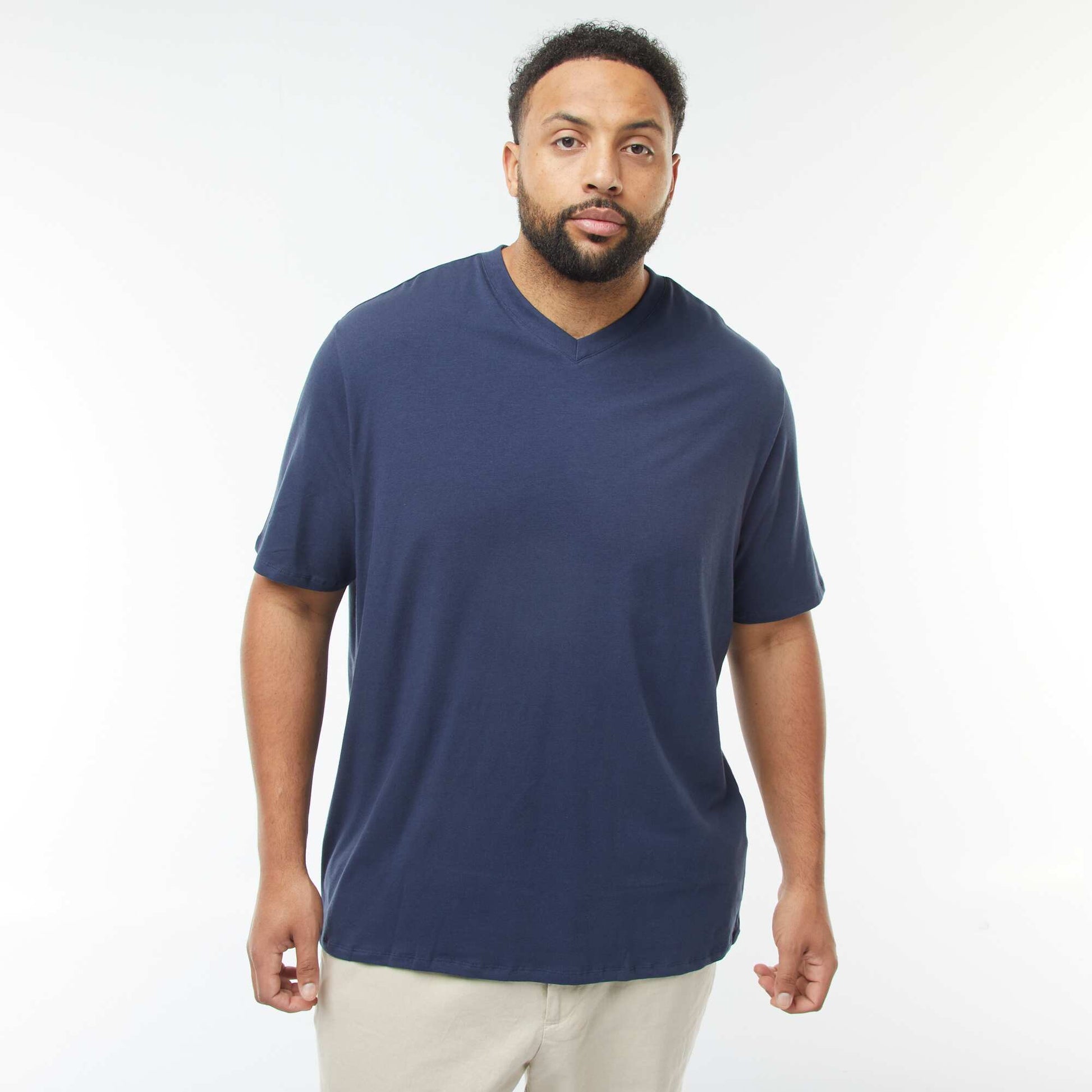 T-shirt en maille jersey manches courtes et col V BLEU