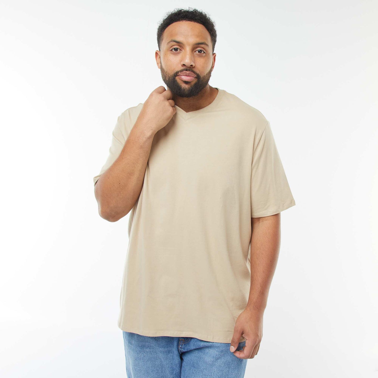 T-shirt en maille jersey manches courtes et col V BEIGE