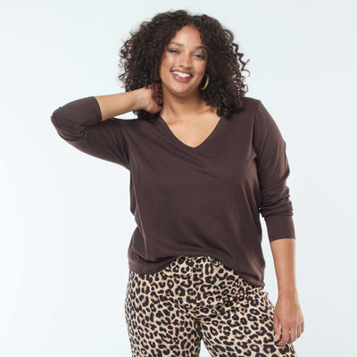 Tee-shirt en jersey avec col V et manches courtes MARRON