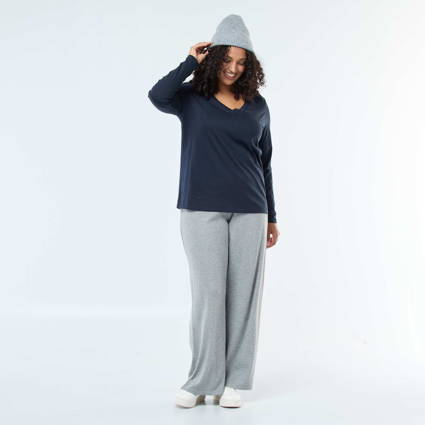 Tee-shirt en jersey avec col V et manches courtes BLEU