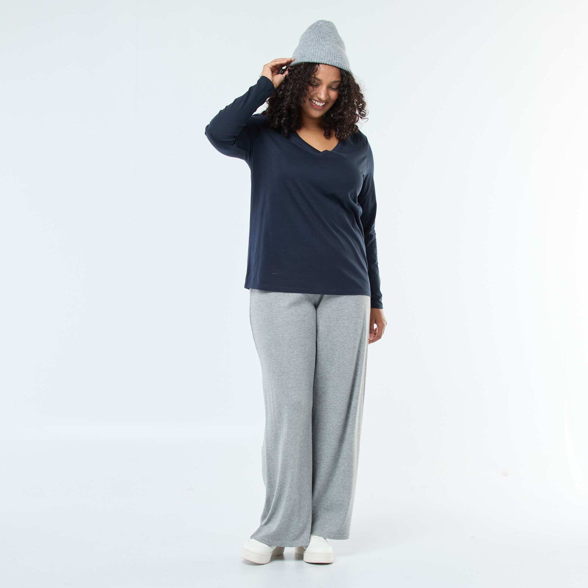 Tee-shirt en jersey avec col V et manches courtes BLEU