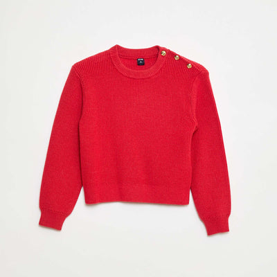 Pull maille côtelée avec épaule boutonnée ROUGE