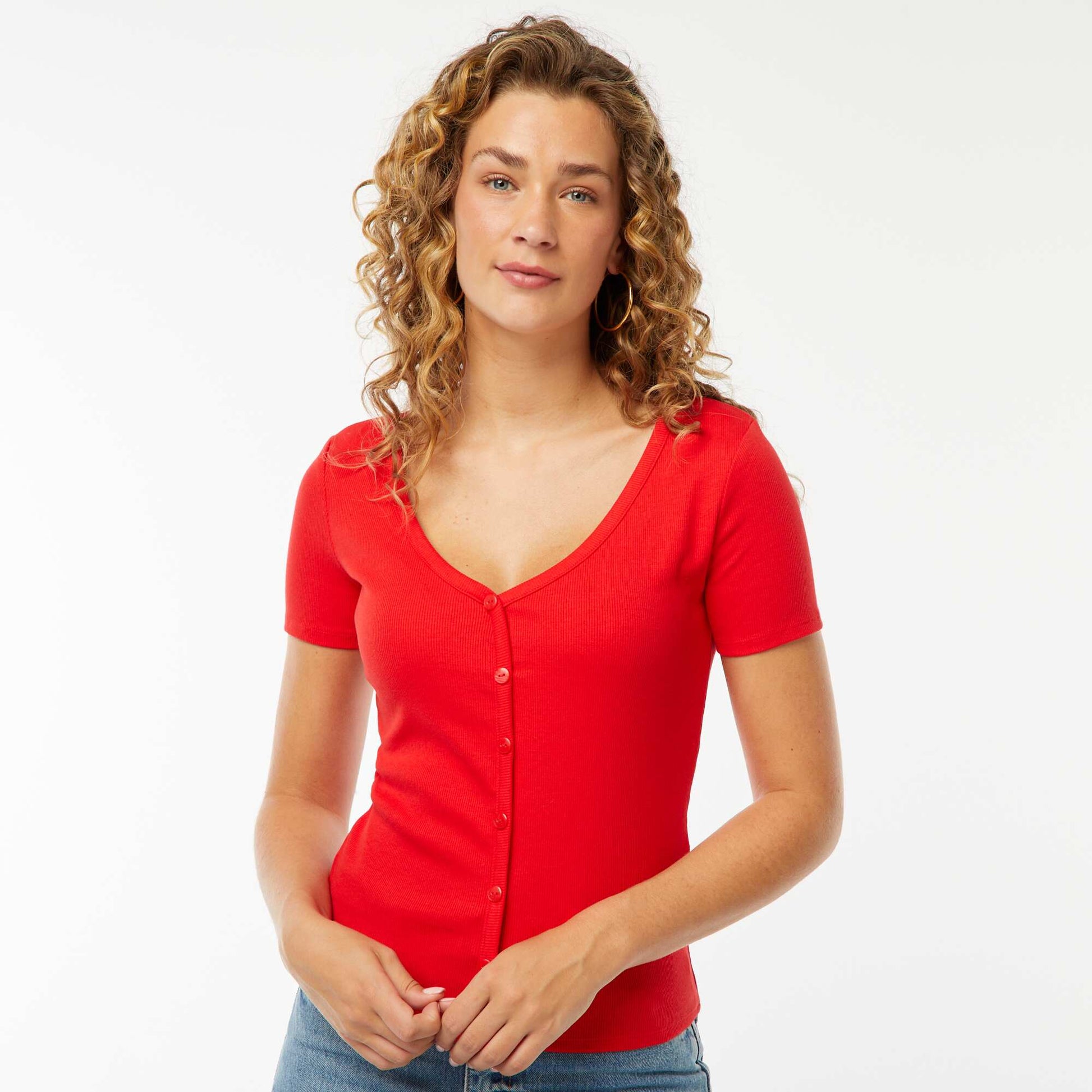 T-shirt côtelé à ouverture boutonnée ROUGE