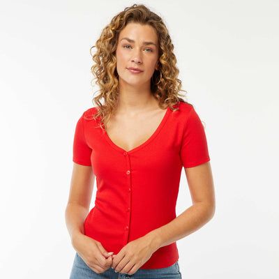 T-shirt côtelé à ouverture boutonnée ROUGE