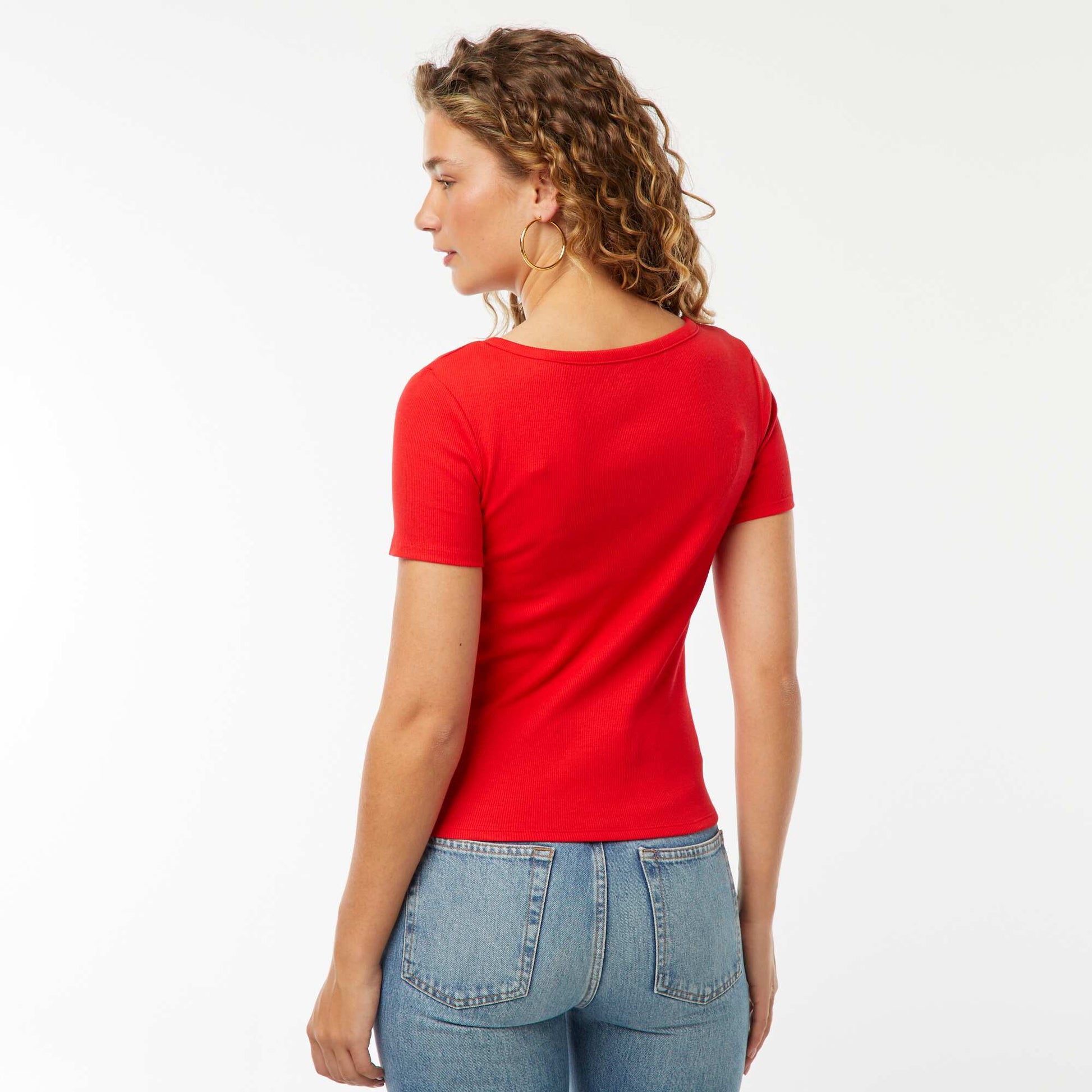 T-shirt côtelé à ouverture boutonnée ROUGE