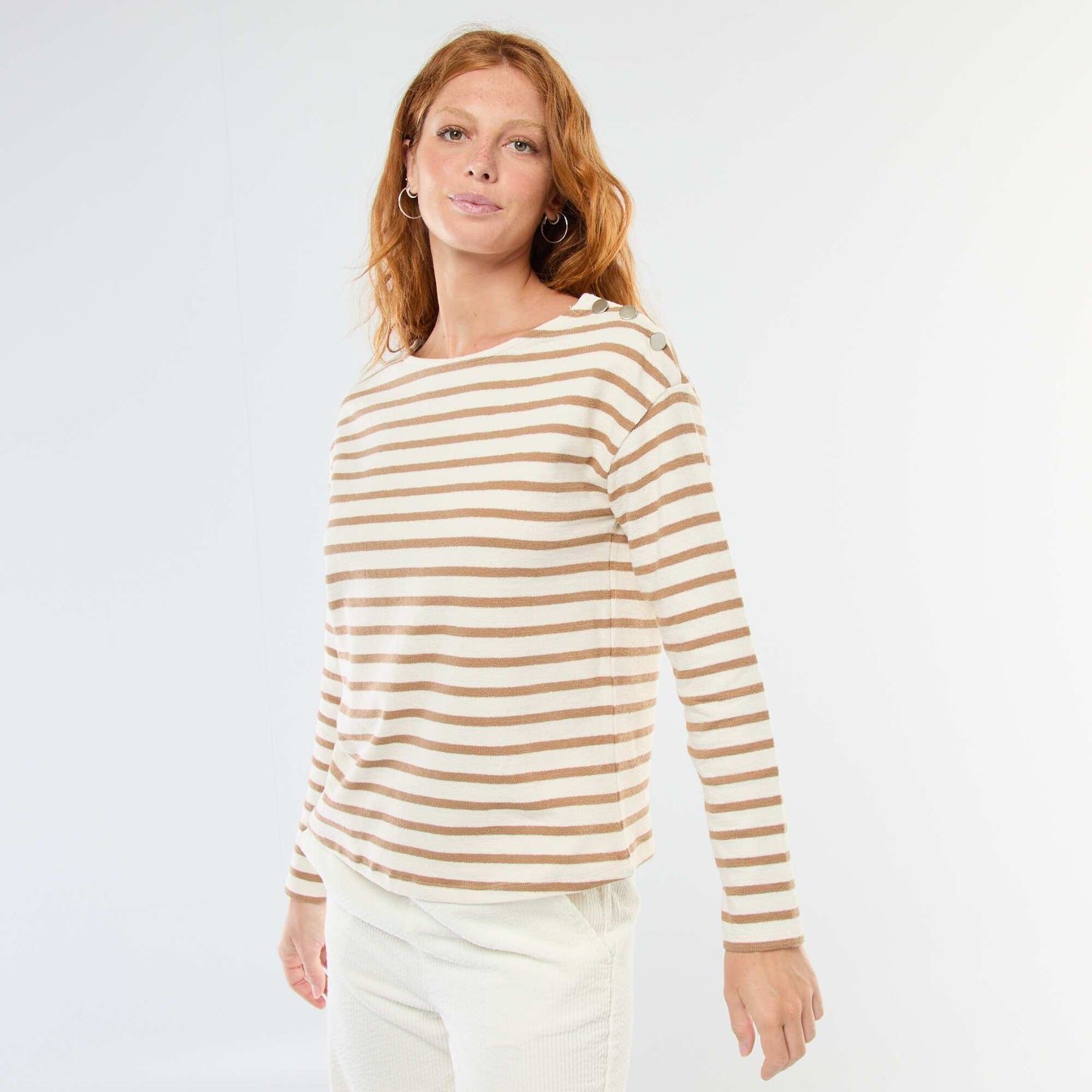 T-shirt en maille épaisse à manches longues ave rayures all-over BLANC