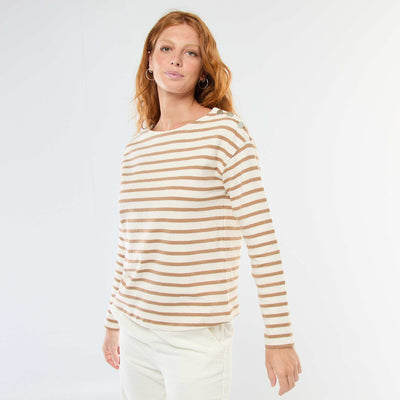 T-shirt en maille épaisse à manches longues ave rayures all-over BLANC
