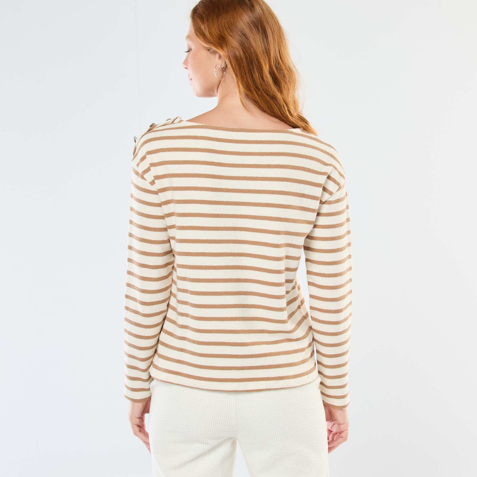 T-shirt en maille épaisse à manches longues ave rayures all-over BLANC