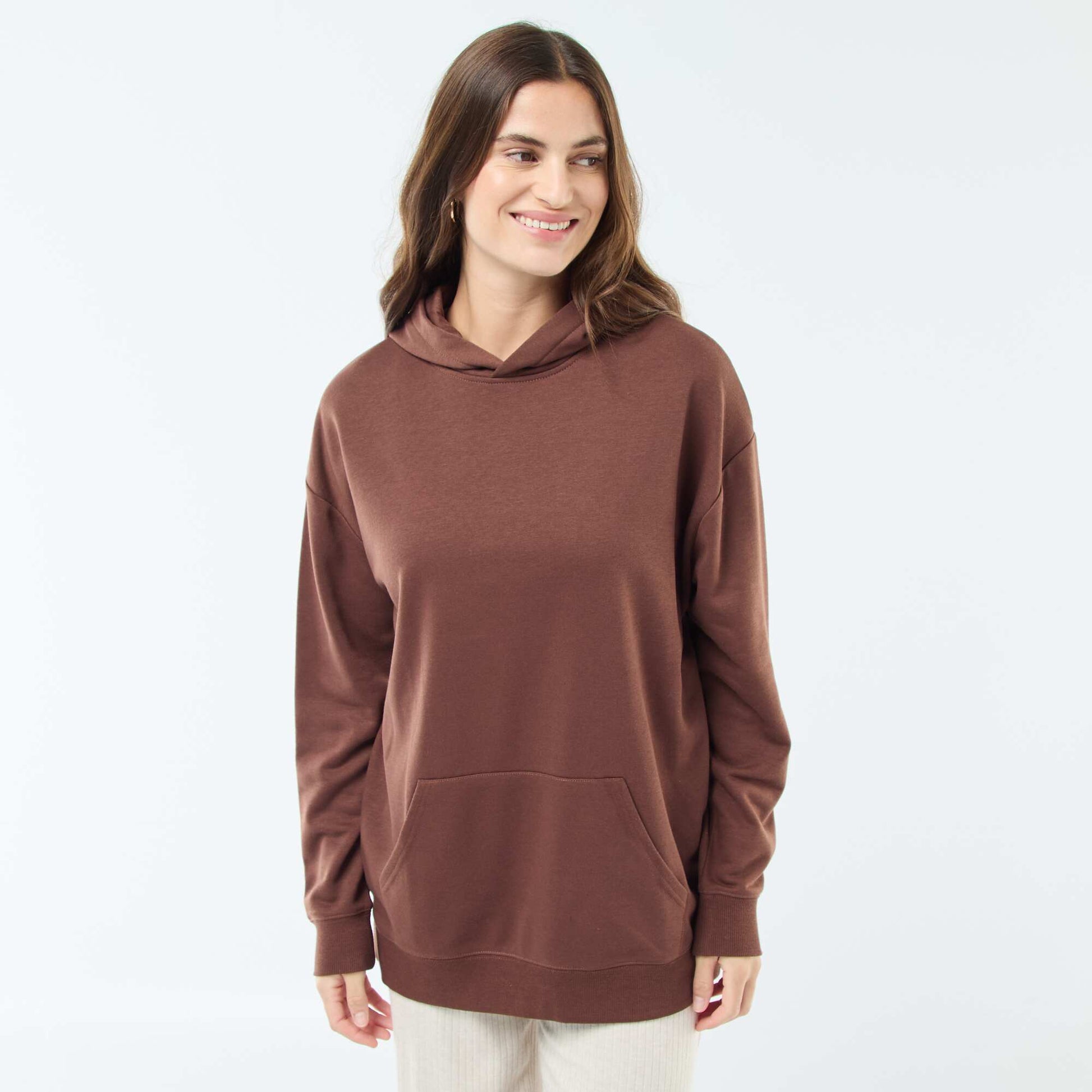 Sweat à capuche uni en coton MARRON
