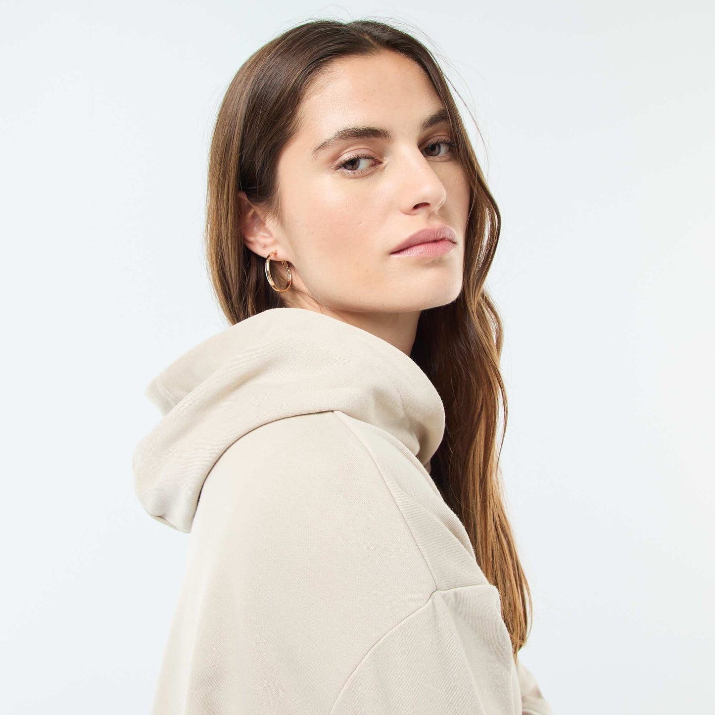 Sweat à capuche uni en coton BEIGE
