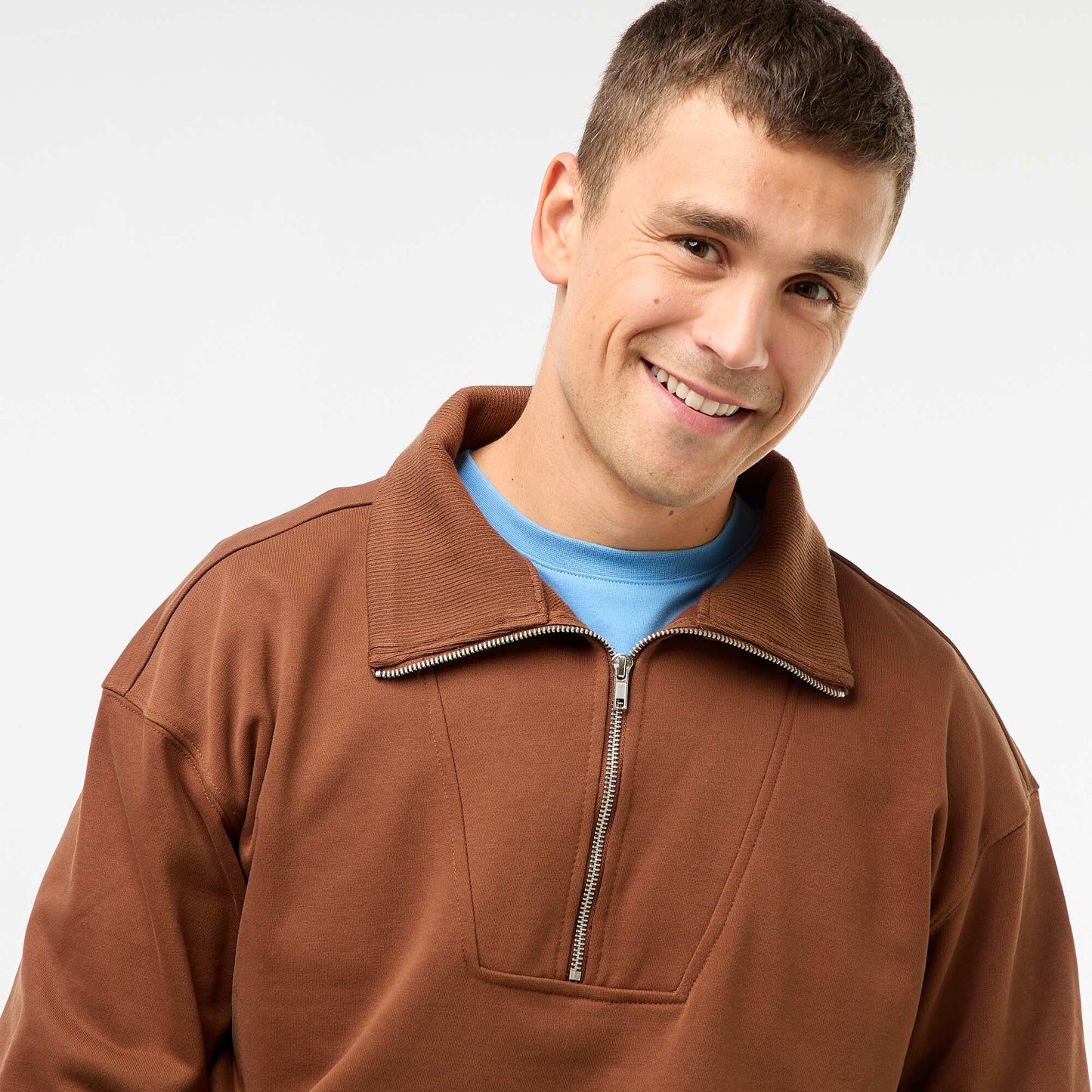 Sweat col camionneur zippé en coton MARRON