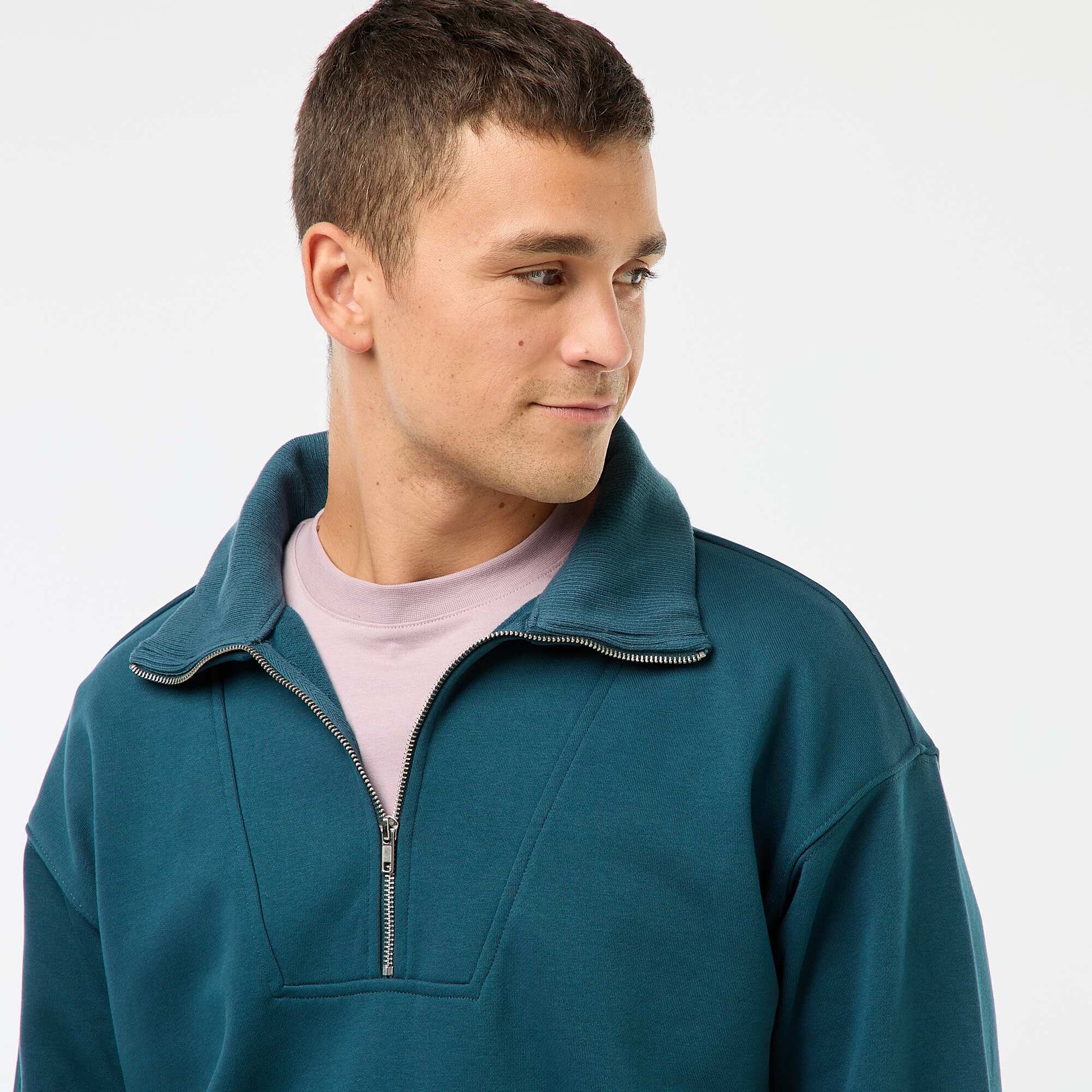 Sweat col camionneur zippé en coton BLEU
