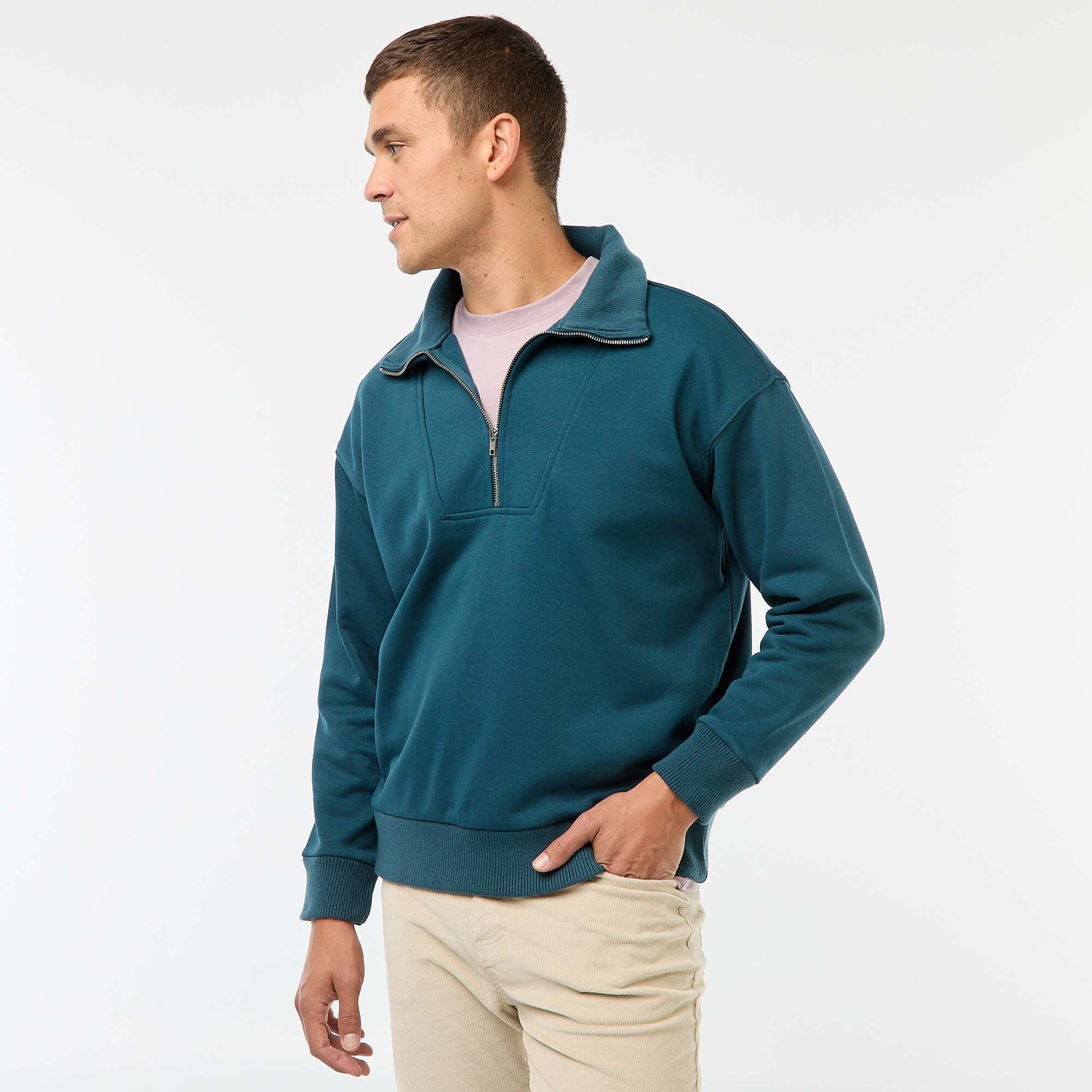 Sweat col camionneur zippé en coton BLEU