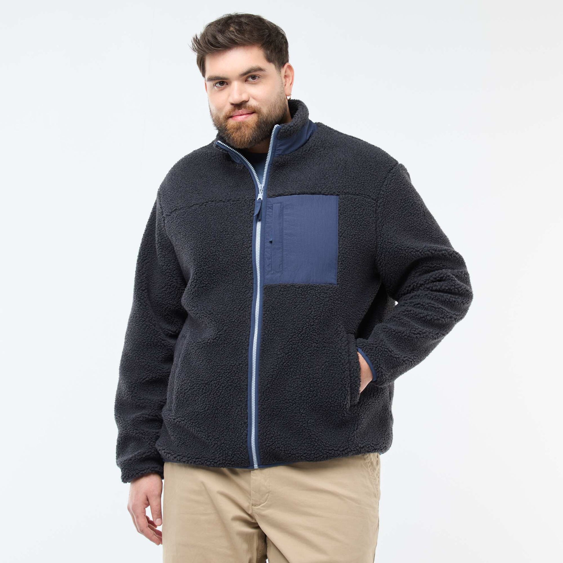 Sweat effet moutonné zippé bicolore NOIR