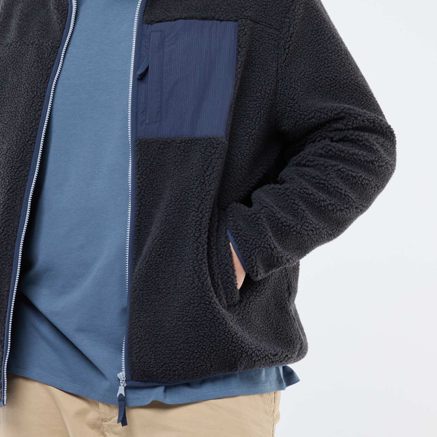 Sweat effet moutonné zippé bicolore NOIR