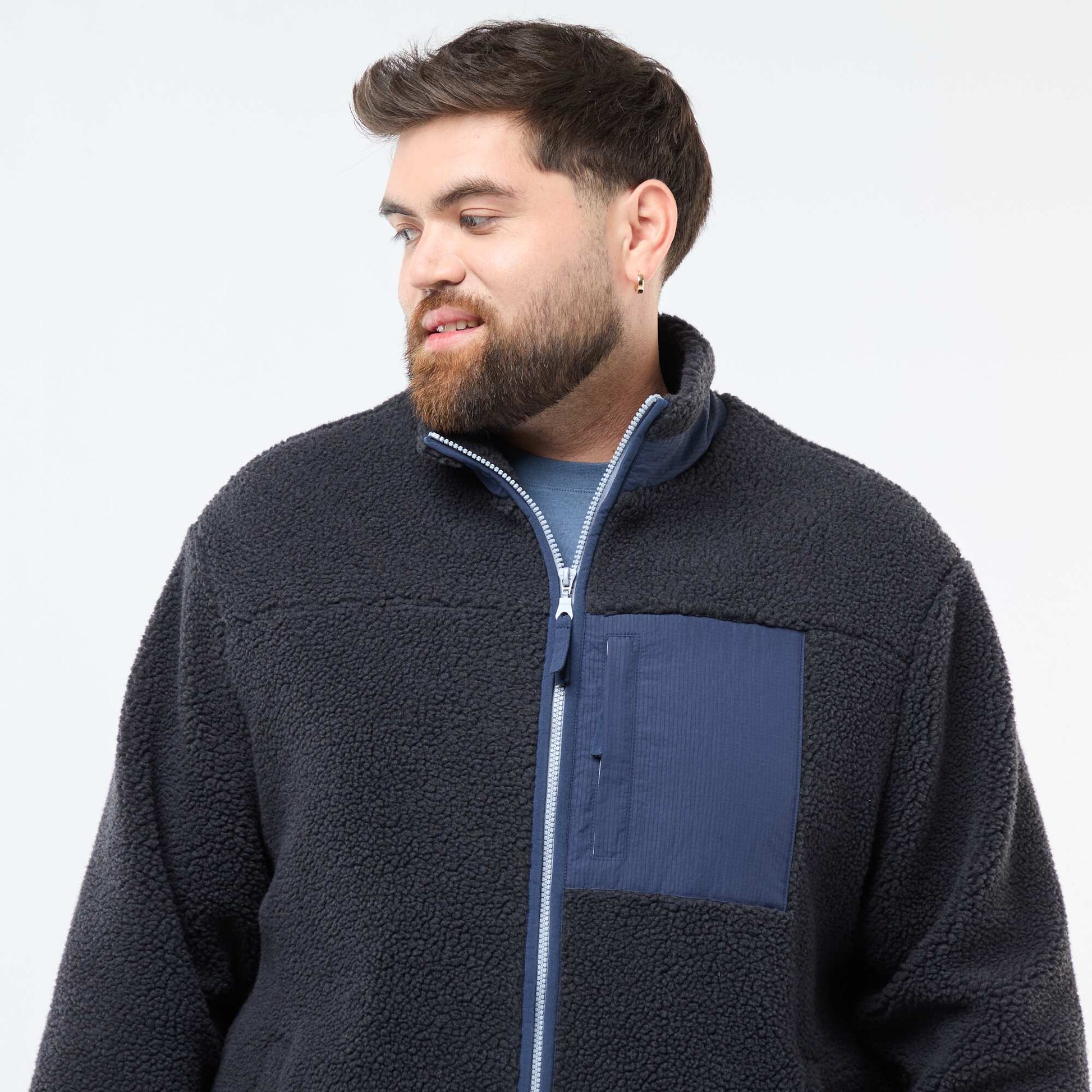 Sweat effet moutonné zippé bicolore NOIR