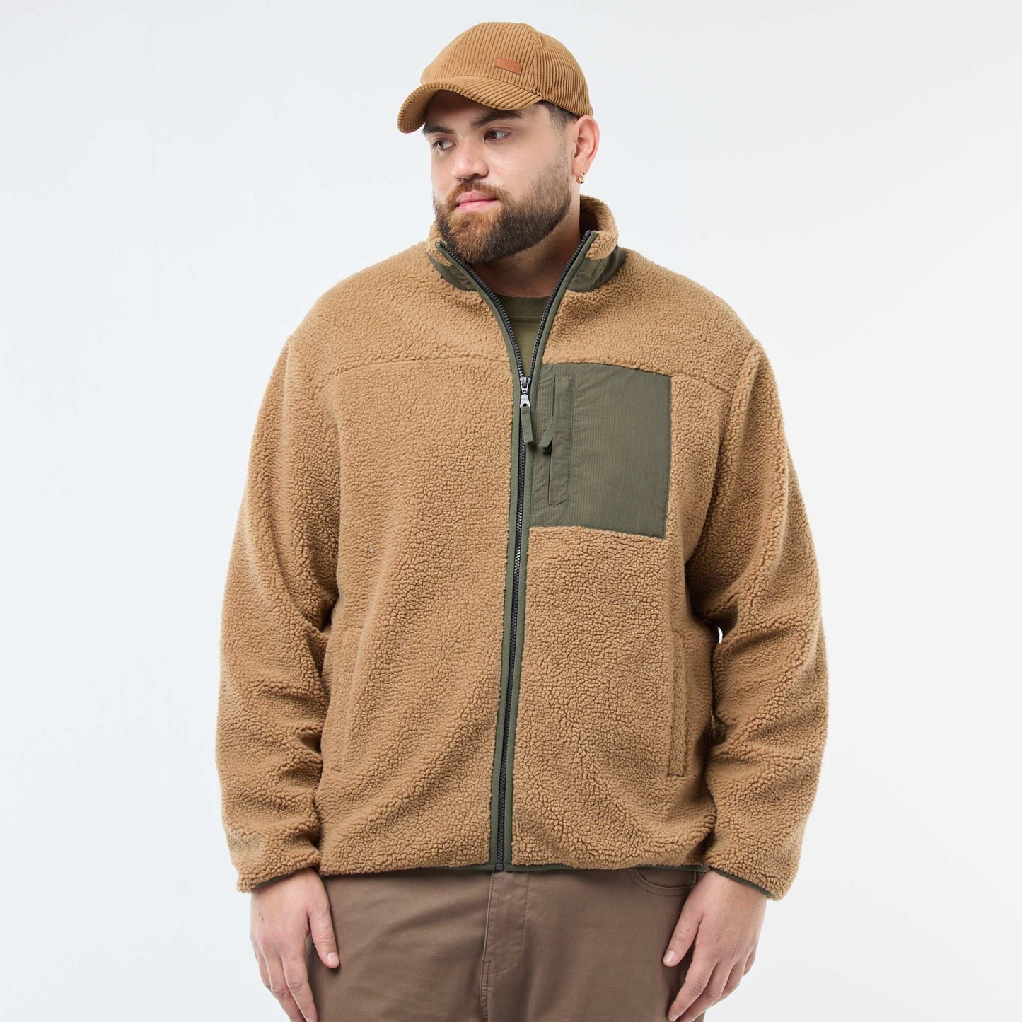 Sweat effet moutonné zippé bicolore BEIGE