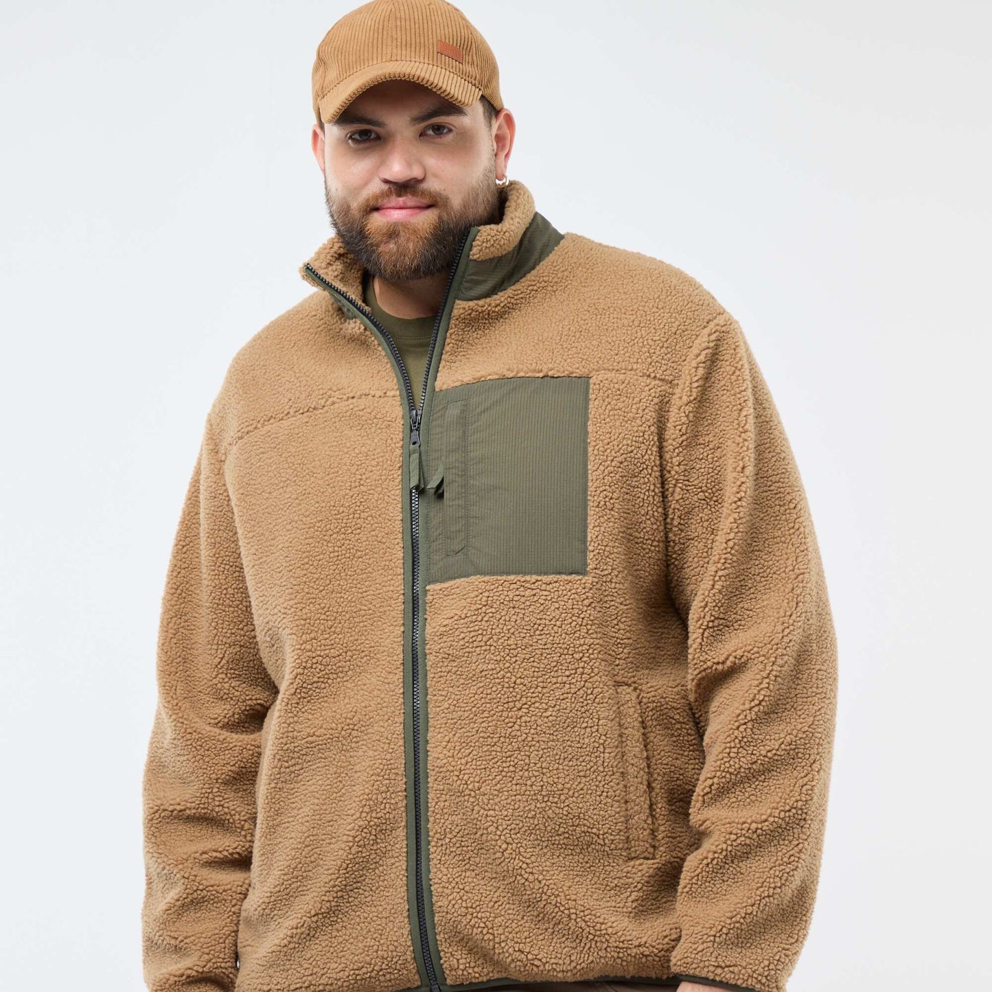Sweat effet moutonné zippé bicolore BEIGE