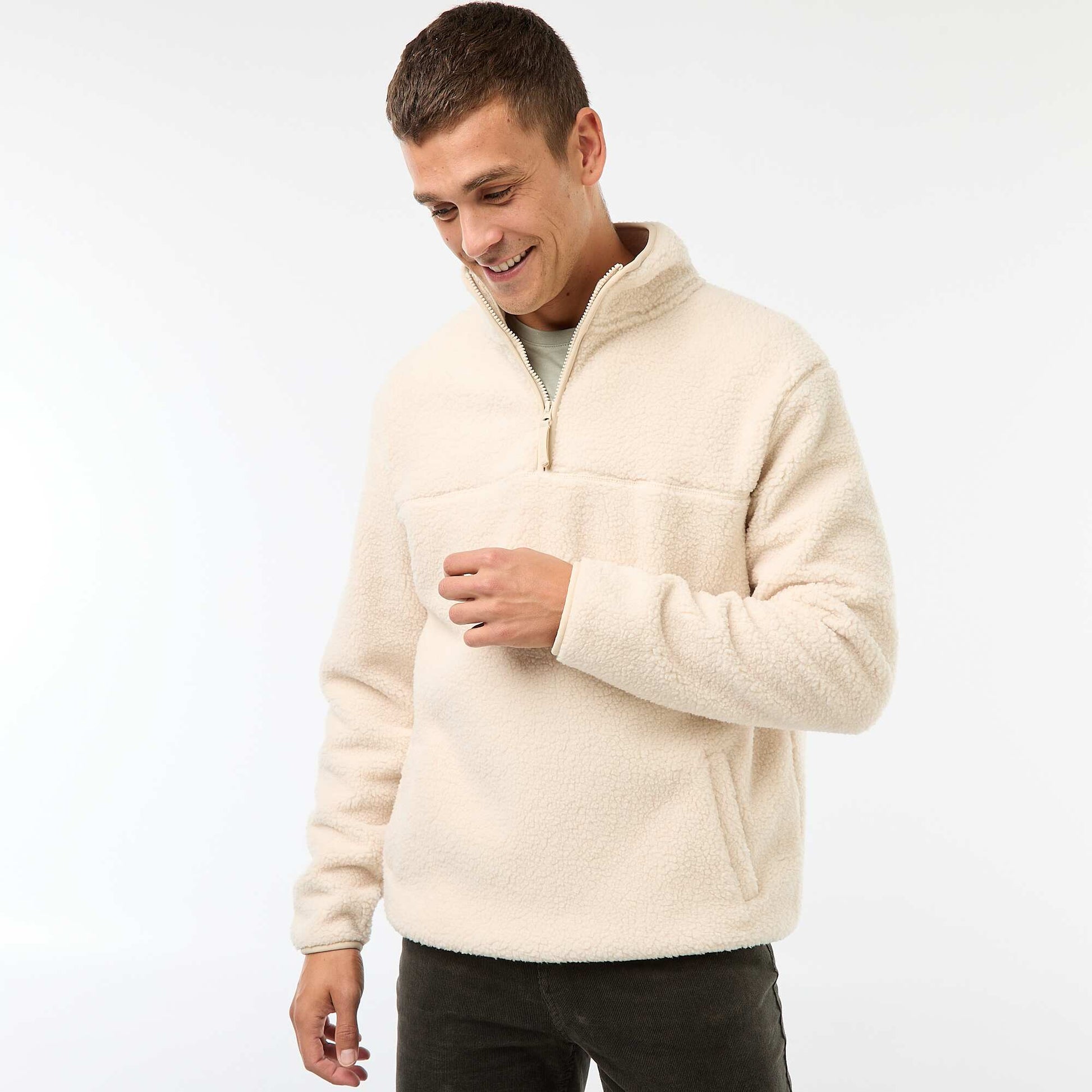 Sweat zippé col montant uni BEIGE