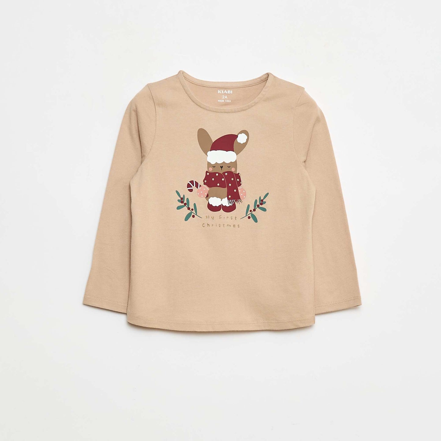 T-shirt à col rond imprimé 'Noël' BEIGE
