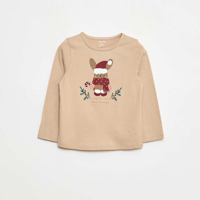 T-shirt à col rond imprimé 'Noël' BEIGE