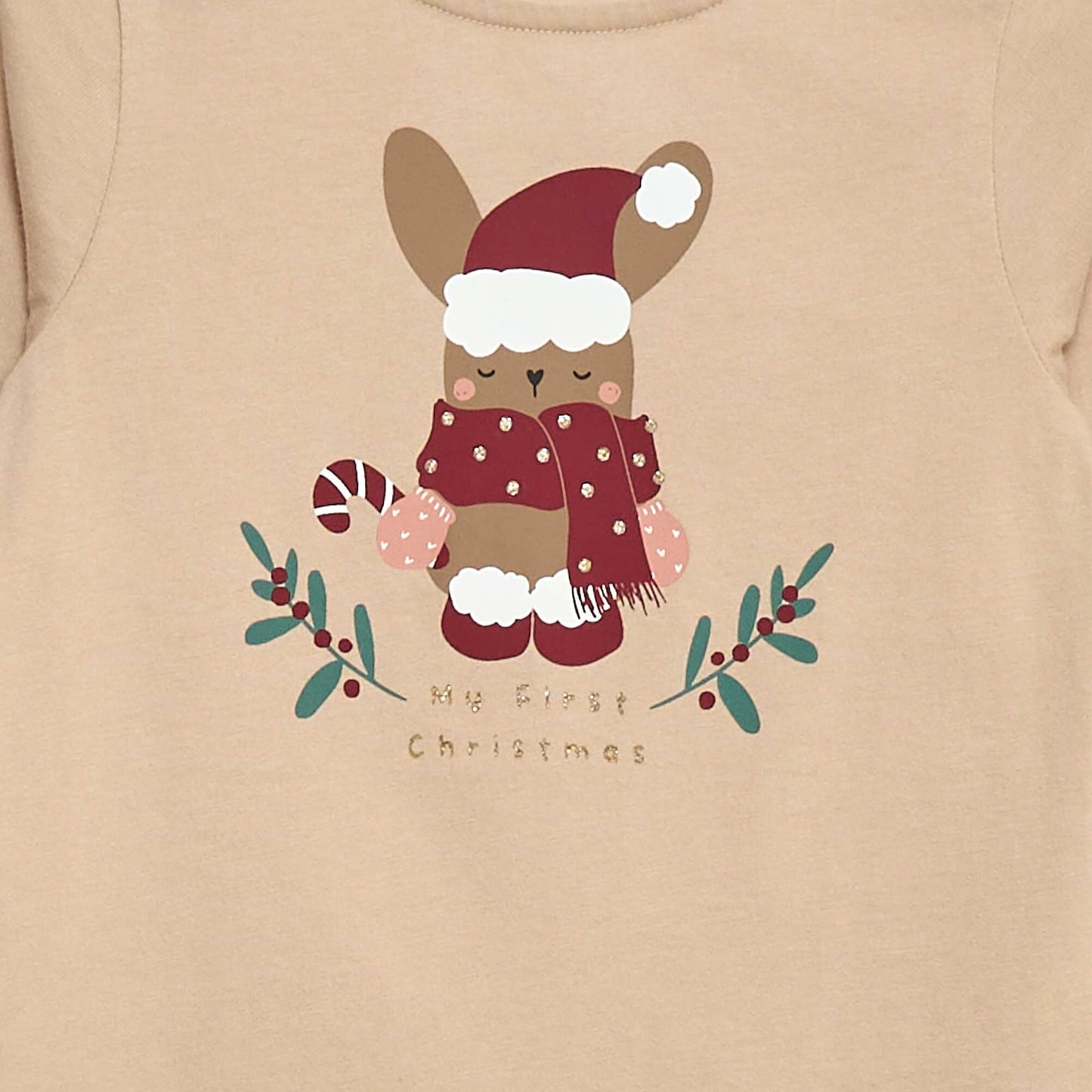 T-shirt à col rond imprimé 'Noël' BEIGE