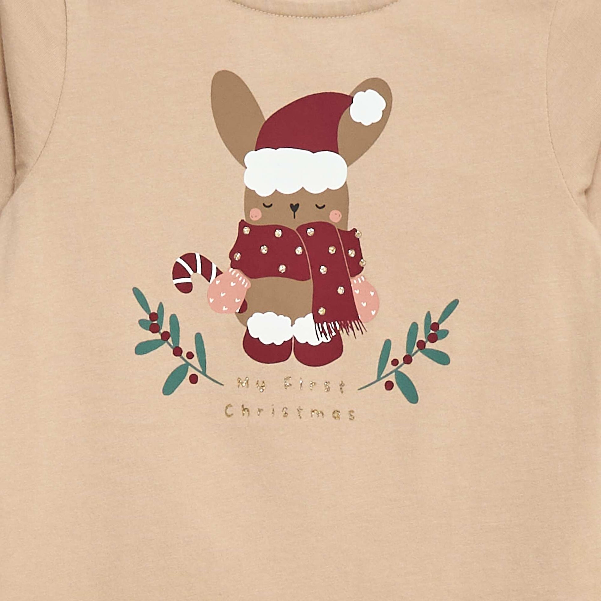 T-shirt à col rond imprimé 'Noël' BEIGE