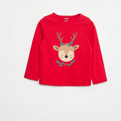 T-shirt à col rond imprimé 'Noël' ROUGE