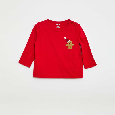 T-shirt de Noël avec broderie à la poitrine ROUGE