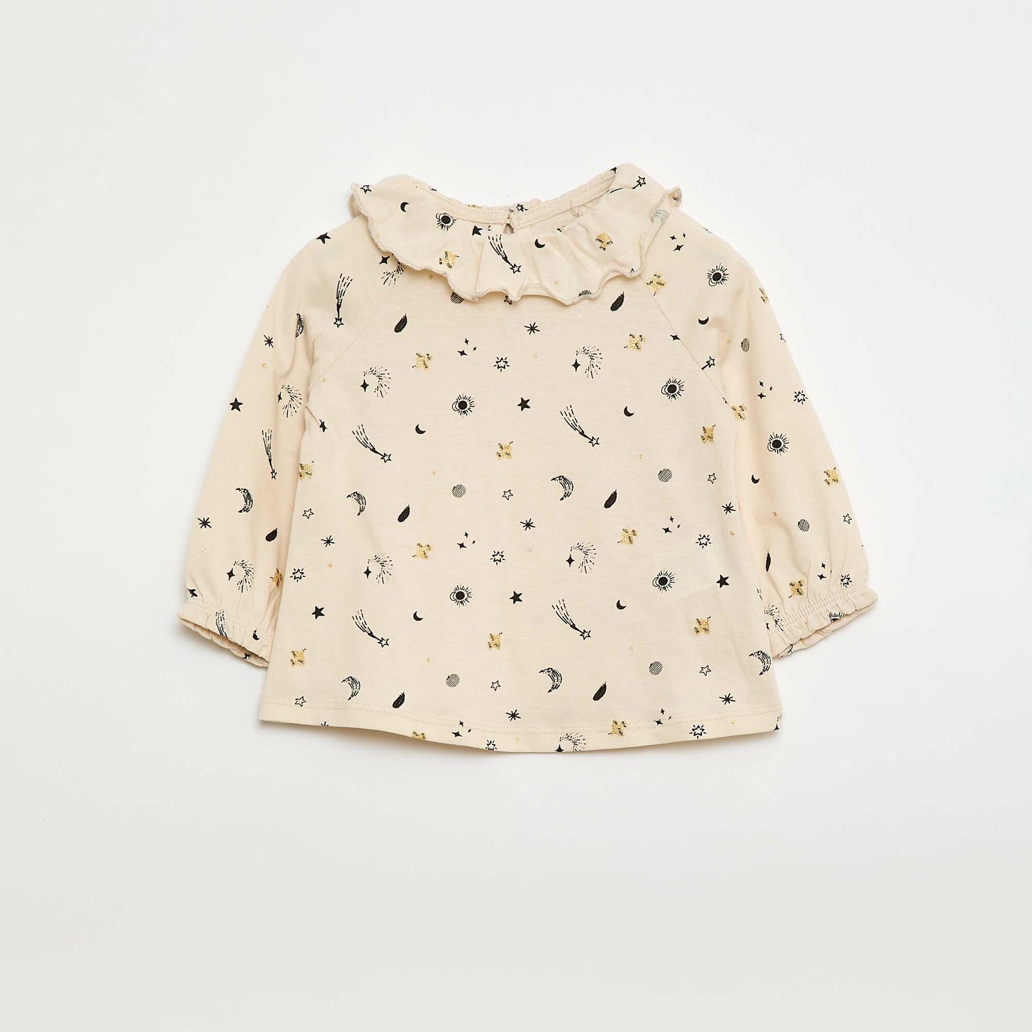 T-shirt col volanté all-over en coton BEIGE