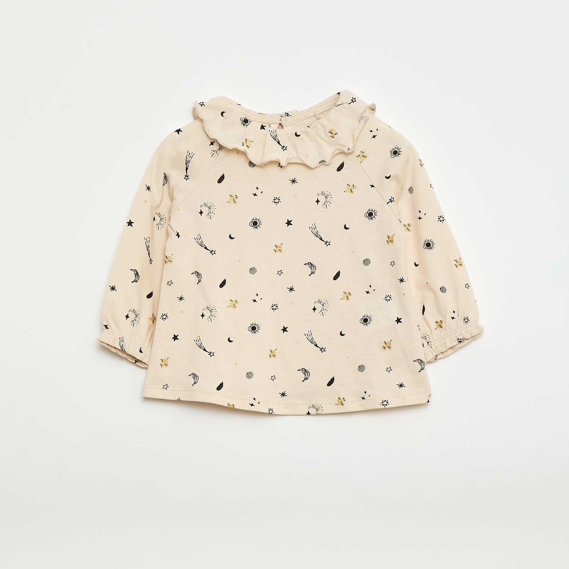 T-shirt col volanté all-over en coton BEIGE