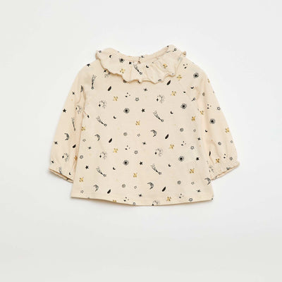 T-shirt col volanté all-over en coton BEIGE