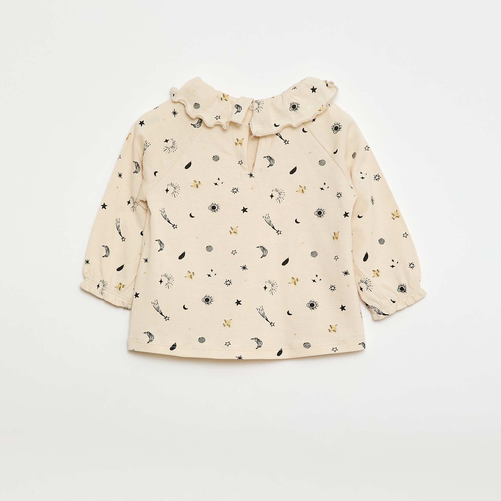 T-shirt col volanté all-over en coton BEIGE