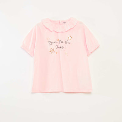 T-shirt à col volanté sequins en coton ROSE