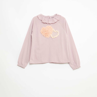 T-shirt col volanté animé en coton ROSE
