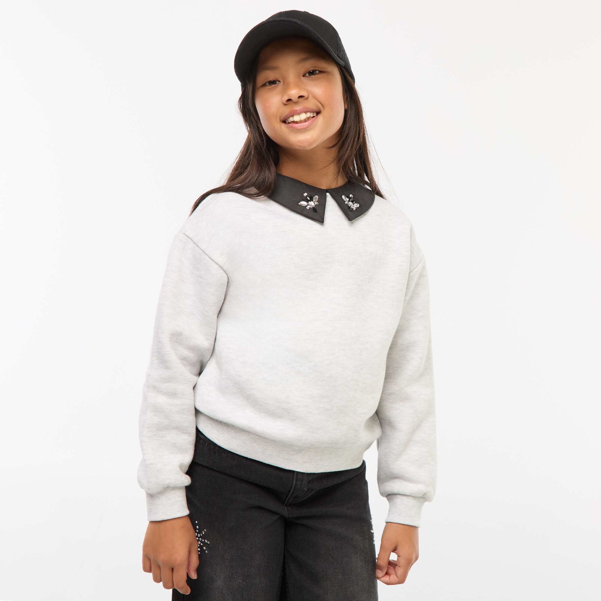 Sweat loose avec col à strass GRIS