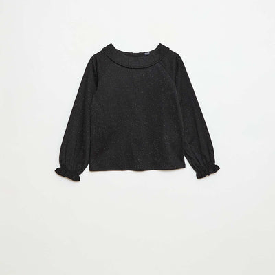 T-shirt à collerette en maille gaufrée à paillette NOIR