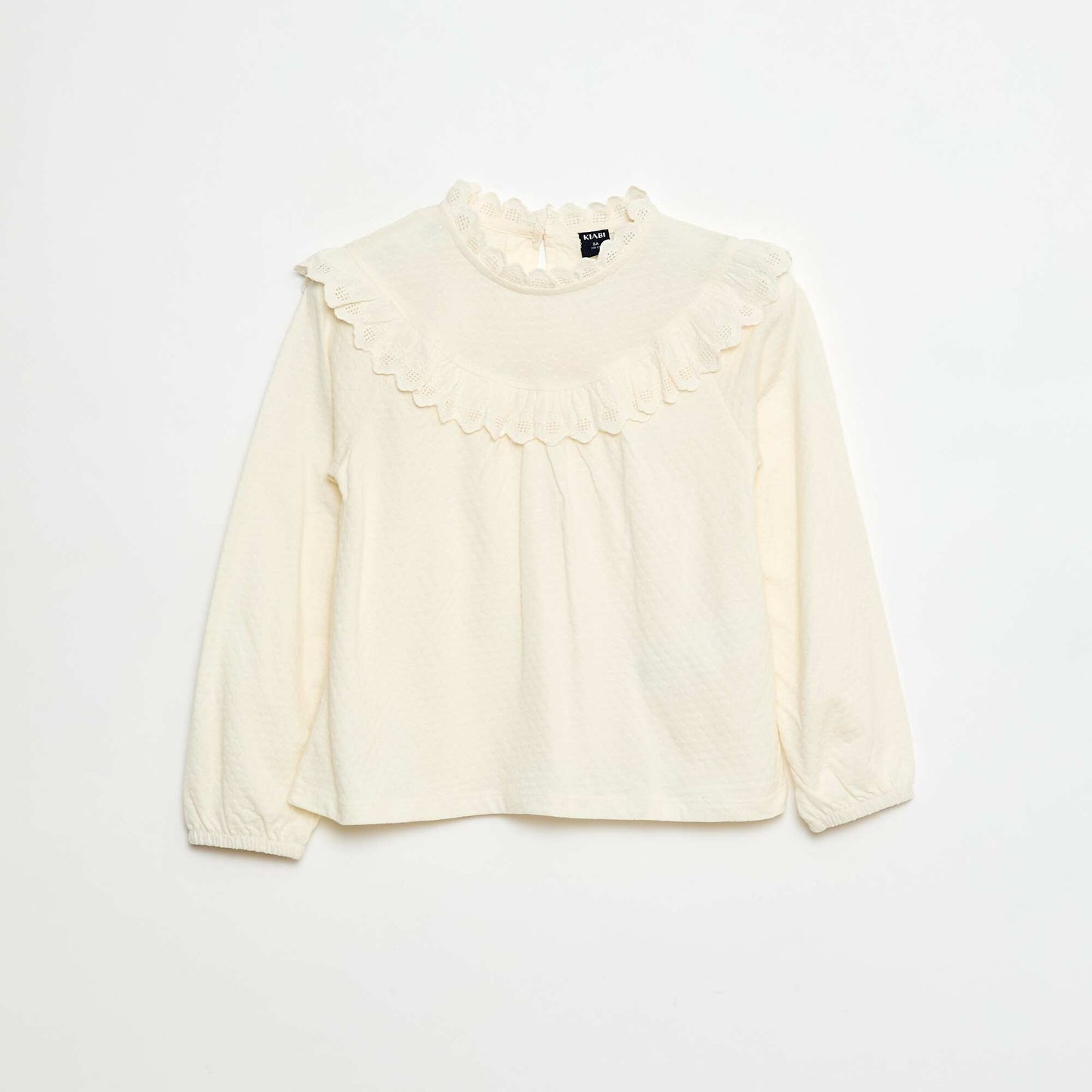 Blouse manches longues col rond avec plastron volanté avec broderies BLANC