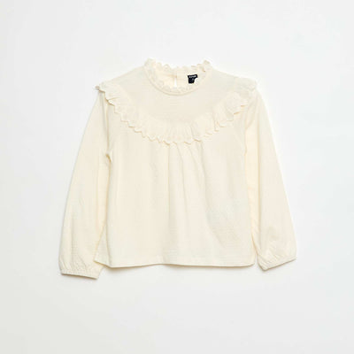 Blouse manches longues col rond avec plastron volanté avec broderies BLANC