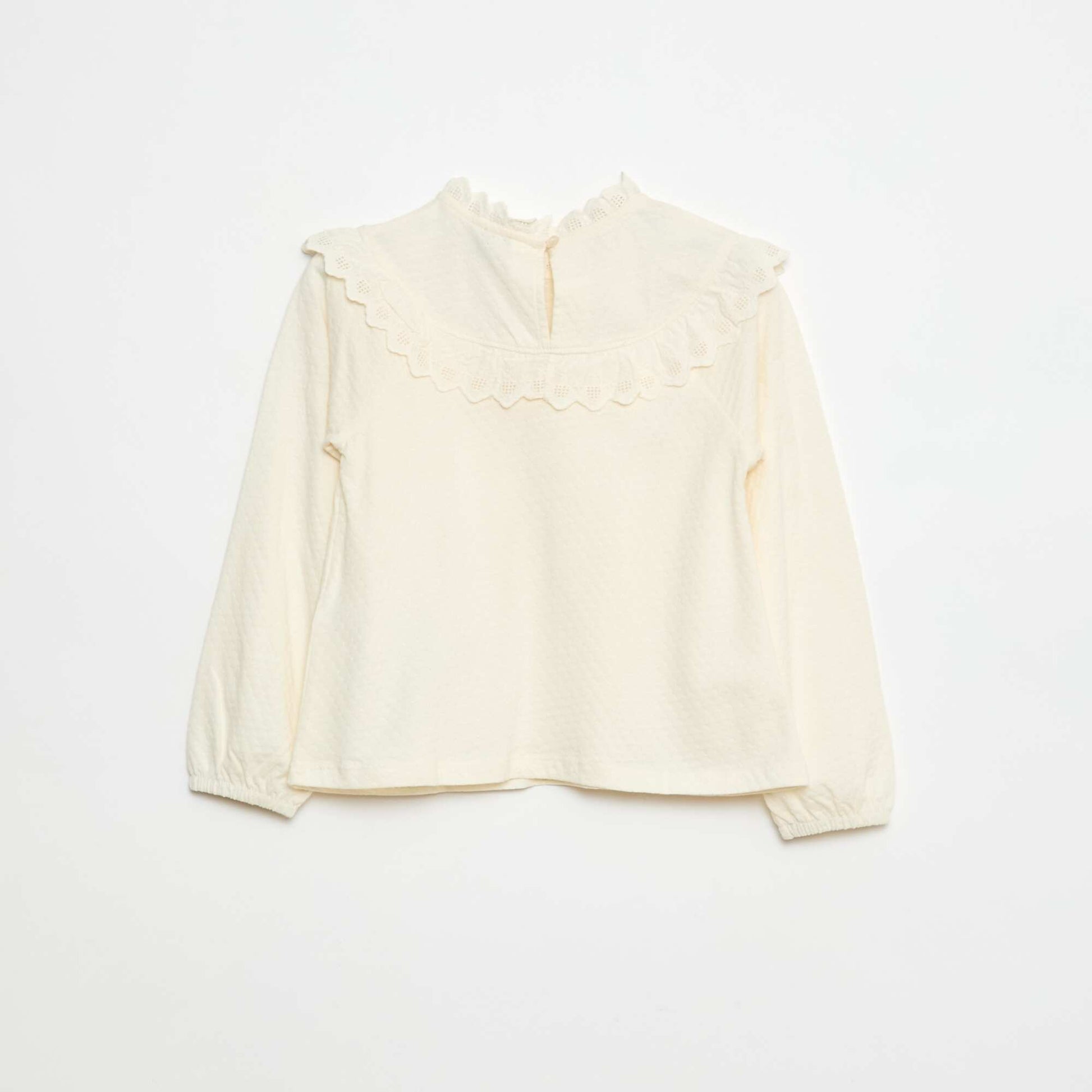 Blouse manches longues col rond avec plastron volanté avec broderies BLANC