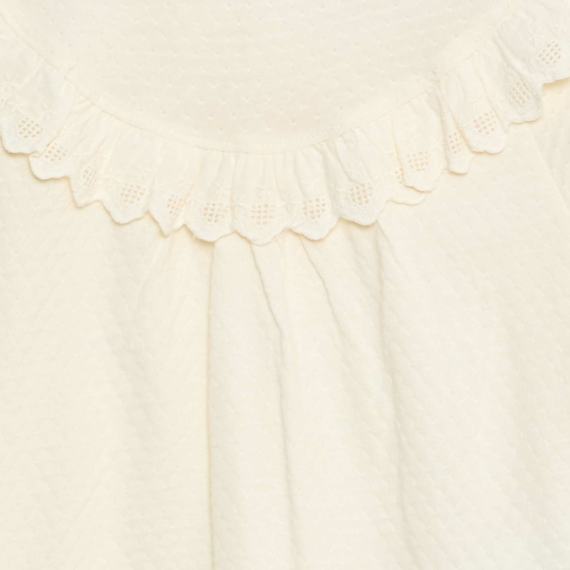 Blouse manches longues col rond avec plastron volanté avec broderies BLANC