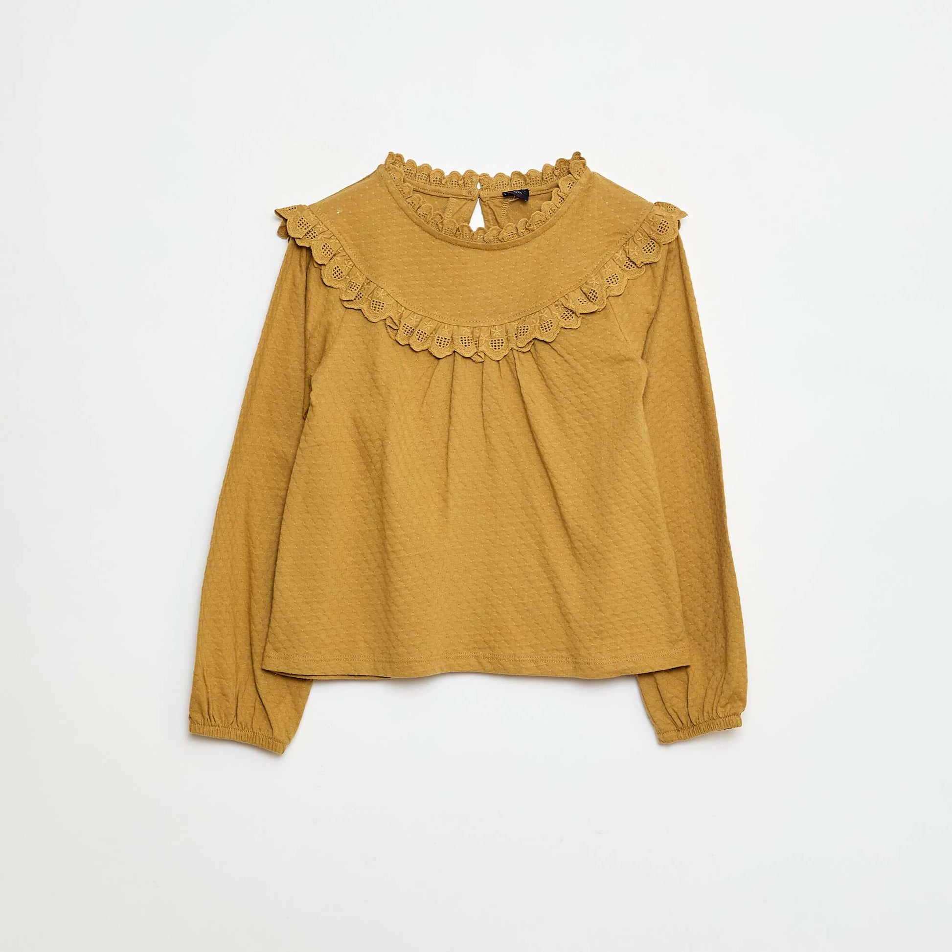 Blouse manches longues col rond avec plastron volanté avec broderies BEIGE